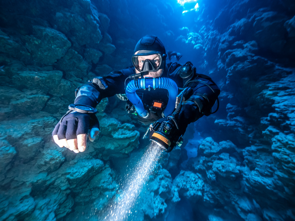 Triton ccr rebreather diver inside the canyon